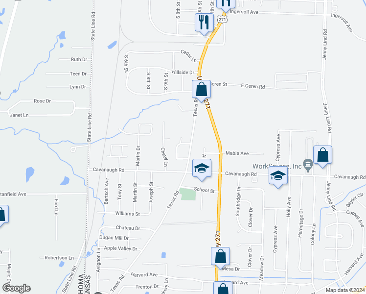 map of restaurants, bars, coffee shops, grocery stores, and more near 7307 Pine Hollow Court in Fort Smith