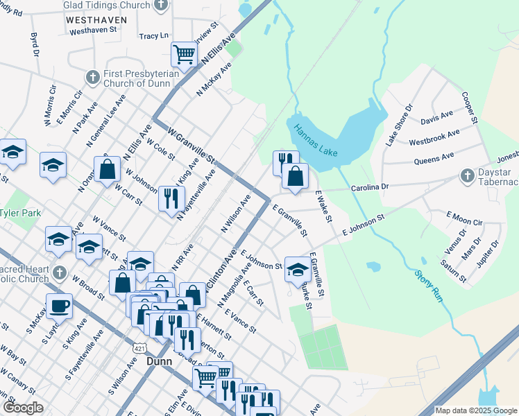 map of restaurants, bars, coffee shops, grocery stores, and more near 905 North Clinton Avenue in Dunn