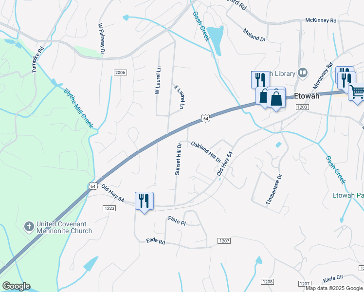 map of restaurants, bars, coffee shops, grocery stores, and more near 106 Sunset Hill Drive in Etowah