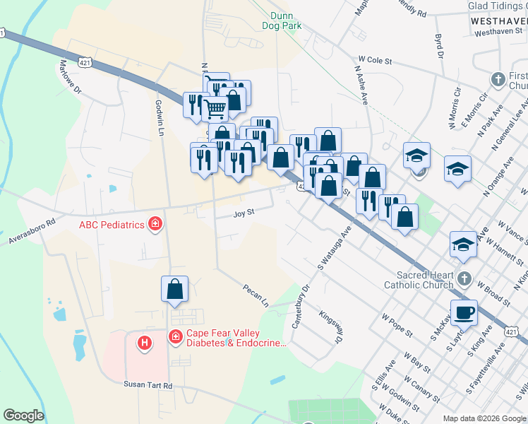 map of restaurants, bars, coffee shops, grocery stores, and more near 105 Joy Street in Dunn