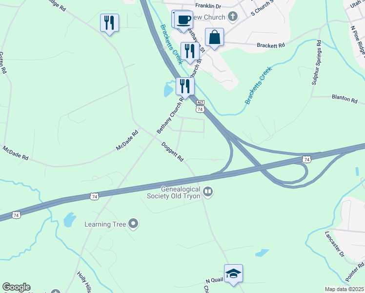 map of restaurants, bars, coffee shops, grocery stores, and more near 181 Doggett Road in Forest City