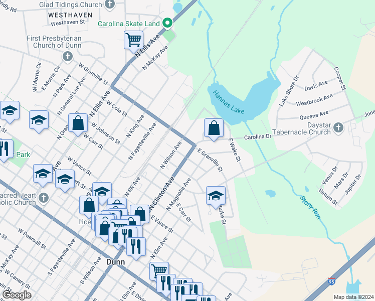 map of restaurants, bars, coffee shops, grocery stores, and more near 905 North Clinton Avenue in Dunn