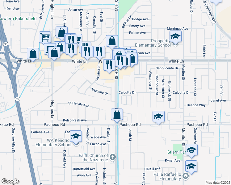 map of restaurants, bars, coffee shops, grocery stores, and more near South H Street & Calcutta Drive in Bakersfield