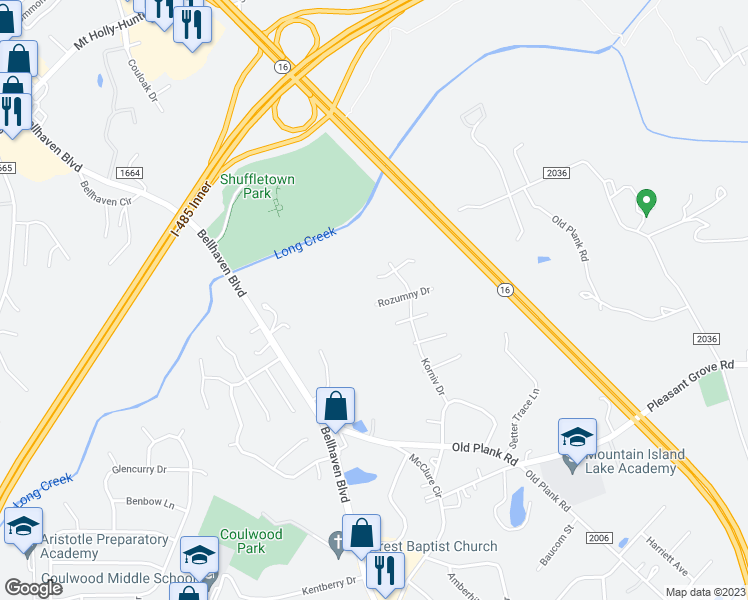 map of restaurants, bars, coffee shops, grocery stores, and more near 8740 Rozumny Drive in Charlotte
