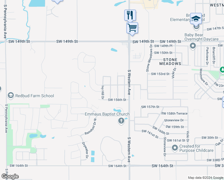 map of restaurants, bars, coffee shops, grocery stores, and more near 15512 Camellia Road in Oklahoma City