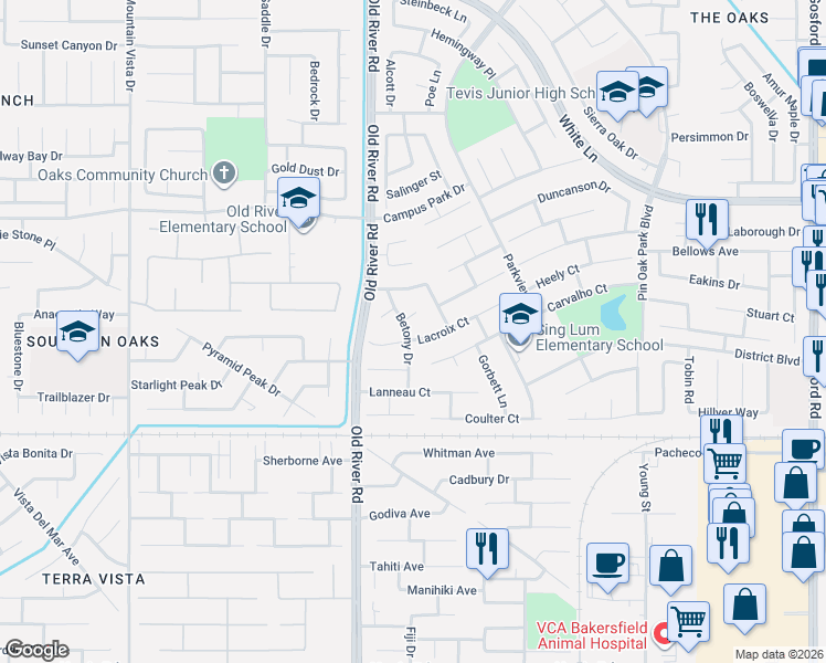 map of restaurants, bars, coffee shops, grocery stores, and more near 9501 Chatfield Court in Bakersfield