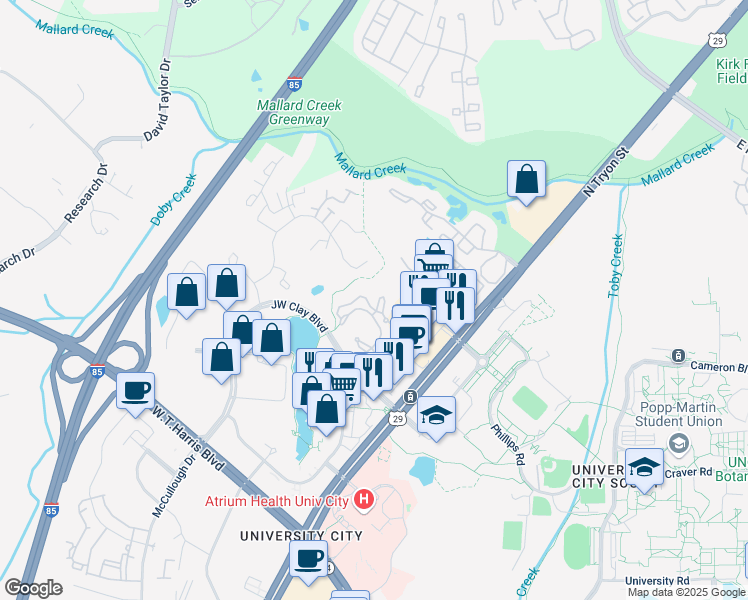 map of restaurants, bars, coffee shops, grocery stores, and more near 336 Walden Station Drive in Charlotte