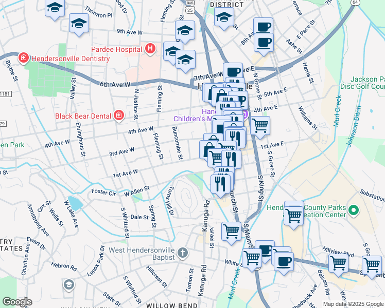 map of restaurants, bars, coffee shops, grocery stores, and more near 121 Rhodes Street in Hendersonville