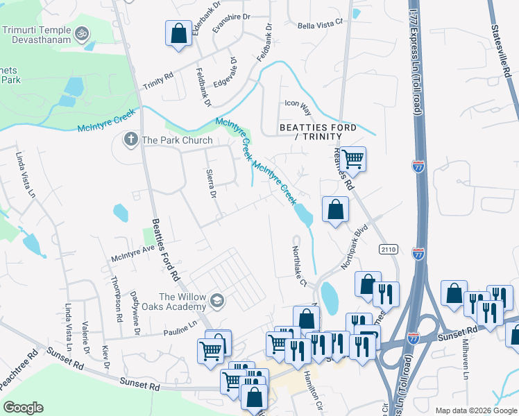 map of restaurants, bars, coffee shops, grocery stores, and more near 4356 La Brea Drive in Charlotte