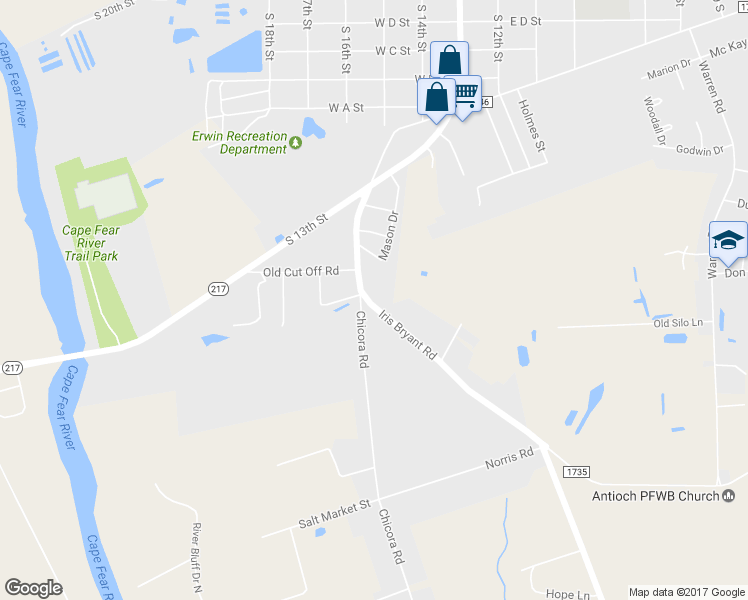 map of restaurants, bars, coffee shops, grocery stores, and more near 291 Iris Bryant Road in Erwin