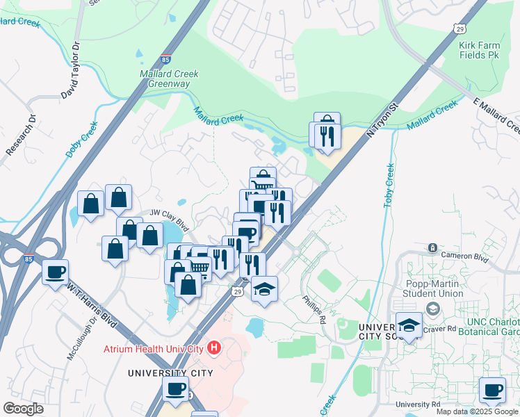 map of restaurants, bars, coffee shops, grocery stores, and more near 9323 North Tryon Street in Charlotte