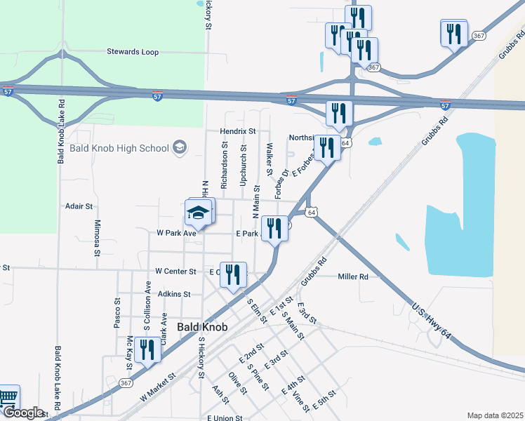map of restaurants, bars, coffee shops, grocery stores, and more near 407 North Main Street in Bald Knob