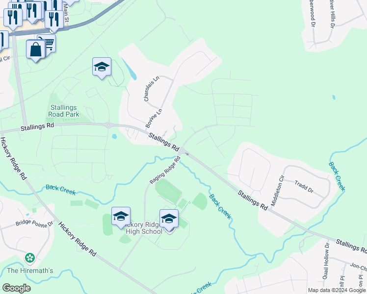 map of restaurants, bars, coffee shops, grocery stores, and more near 3550 Stallings Road in Harrisburg