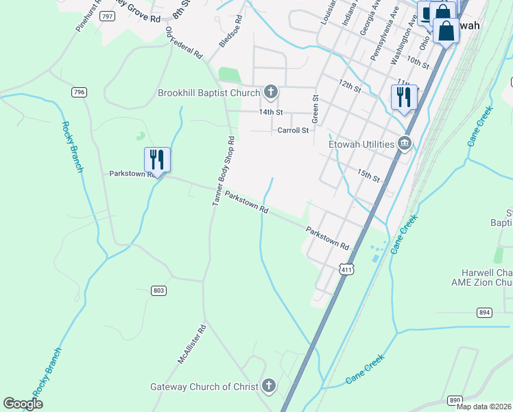 map of restaurants, bars, coffee shops, grocery stores, and more near 242 Parkstown Rd in Etowah