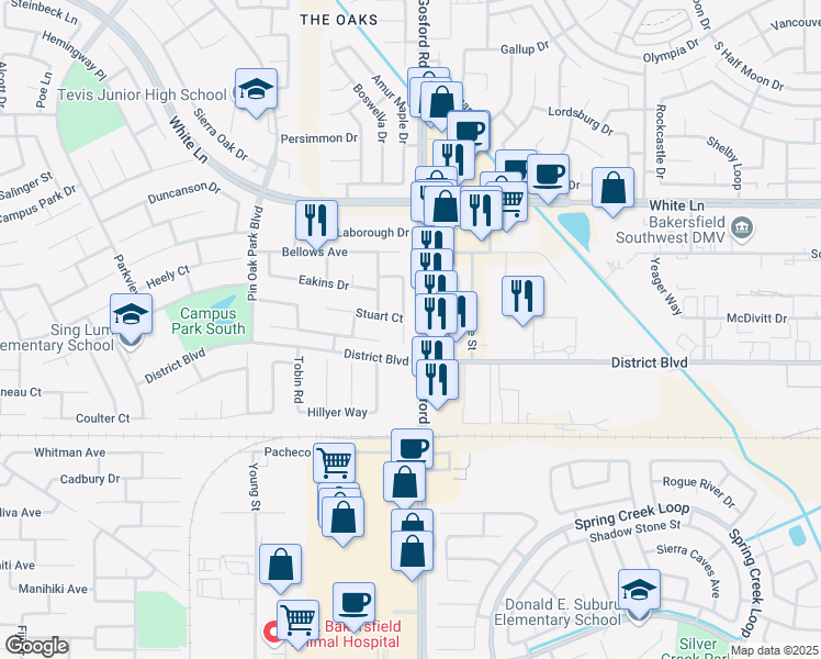map of restaurants, bars, coffee shops, grocery stores, and more near 4508 Trumbull Drive in Bakersfield