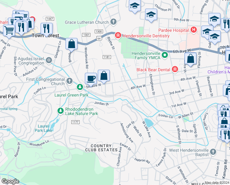 map of restaurants, bars, coffee shops, grocery stores, and more near 408 Jordan Street in Hendersonville