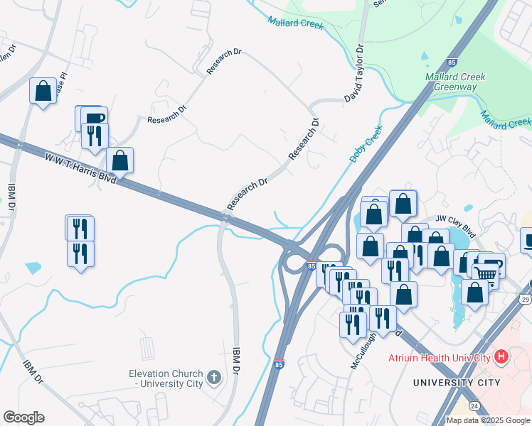 map of restaurants, bars, coffee shops, grocery stores, and more near 8700 Research Drive in Charlotte