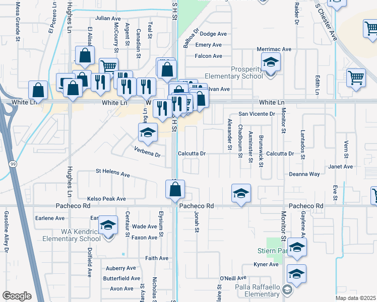 map of restaurants, bars, coffee shops, grocery stores, and more near 4421 Balboa Drive in Bakersfield