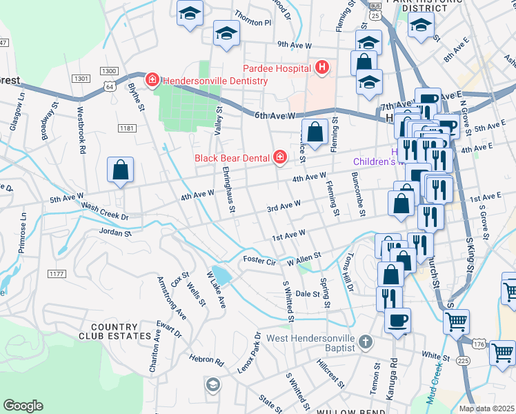 map of restaurants, bars, coffee shops, grocery stores, and more near 318 North Whitted Street in Hendersonville