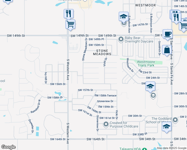 map of restaurants, bars, coffee shops, grocery stores, and more near 701 Southwest 155th Place in Oklahoma City