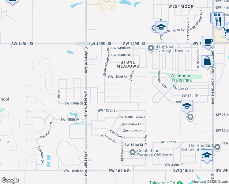 map of restaurants, bars, coffee shops, grocery stores, and more near 701 Southwest 155th Place in Oklahoma City