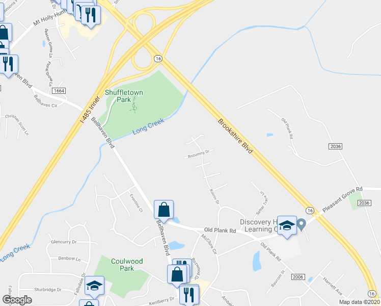 map of restaurants, bars, coffee shops, grocery stores, and more near 8722 Rozumny Drive in Charlotte