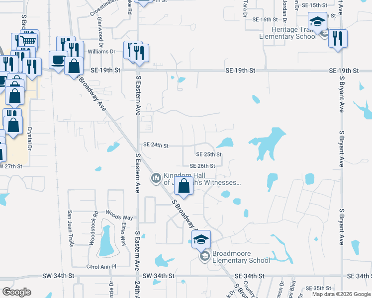 map of restaurants, bars, coffee shops, grocery stores, and more near 2417 Port Rush Drive in Moore
