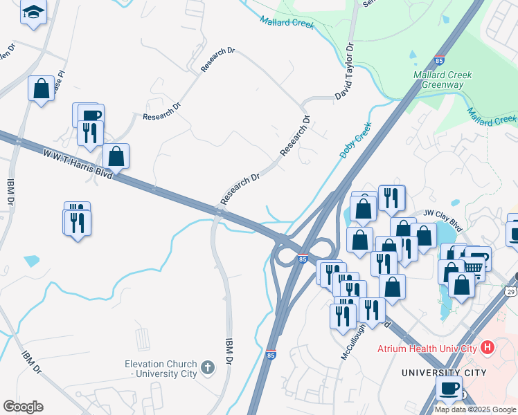 map of restaurants, bars, coffee shops, grocery stores, and more near 8700 Research Drive in Charlotte