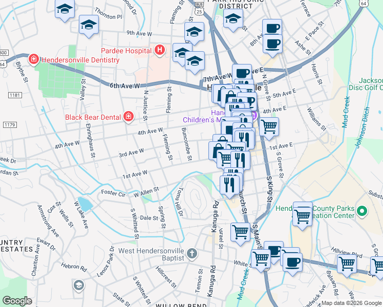 map of restaurants, bars, coffee shops, grocery stores, and more near 121 Rhodes Street in Hendersonville