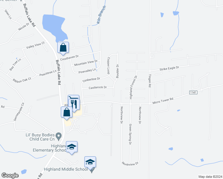 map of restaurants, bars, coffee shops, grocery stores, and more near 224 Castle Rock Drive in Sanford