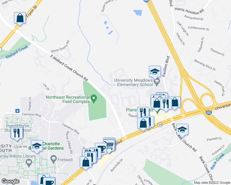 map of restaurants, bars, coffee shops, grocery stores, and more near 1048 Nugget Court in Charlotte