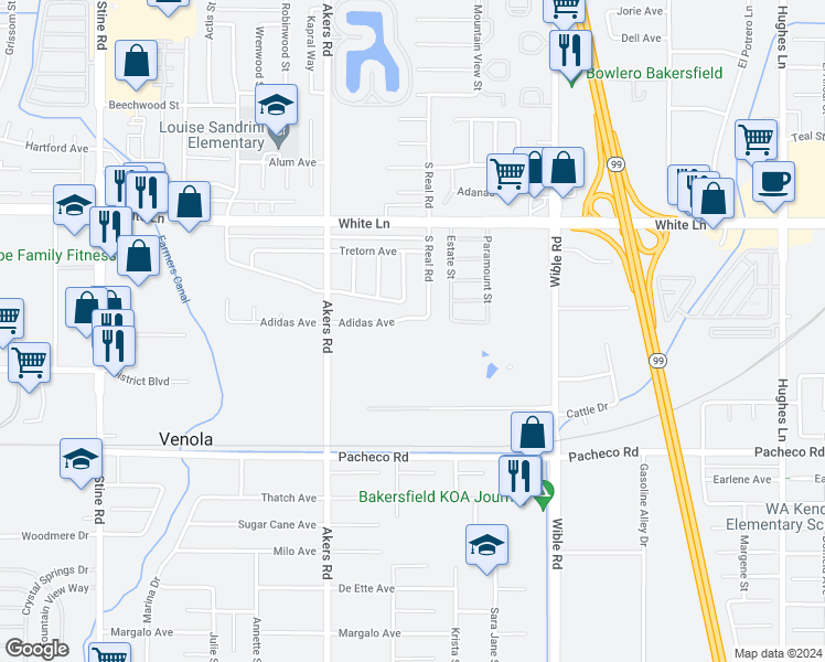 map of restaurants, bars, coffee shops, grocery stores, and more near 3713 Adidas Avenue in Bakersfield