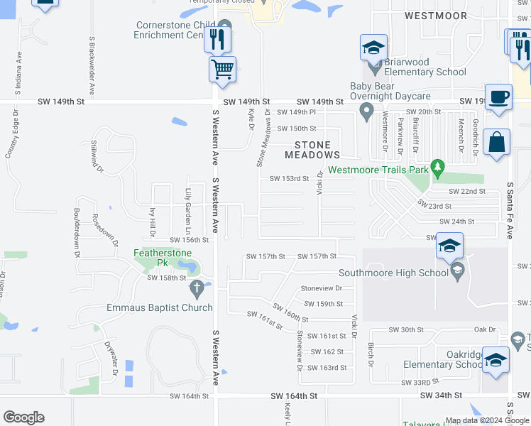 map of restaurants, bars, coffee shops, grocery stores, and more near 728 Southwest 155th Place in Oklahoma City