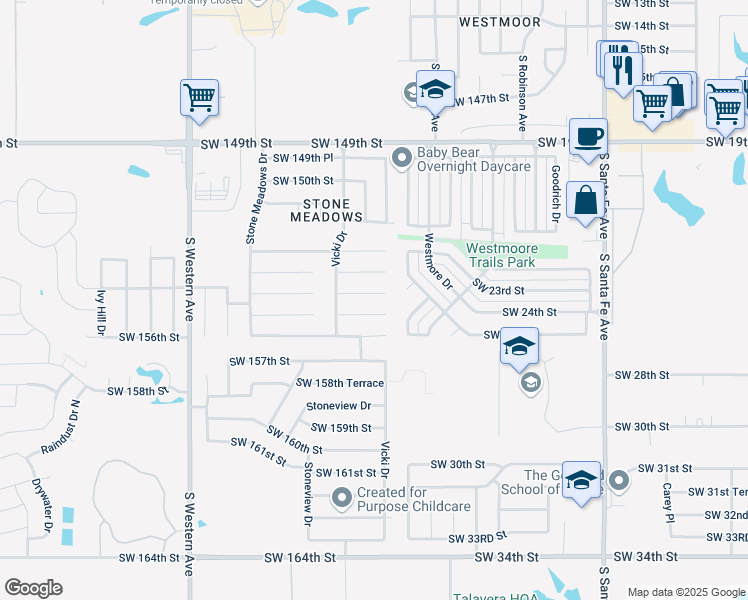 map of restaurants, bars, coffee shops, grocery stores, and more near 529 Southwest 155th Court in Oklahoma City