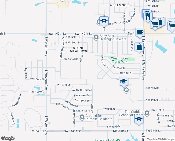 map of restaurants, bars, coffee shops, grocery stores, and more near 524 Southwest 155th Court in Oklahoma City