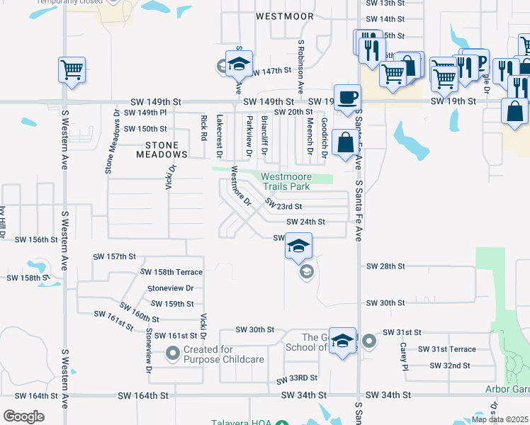 map of restaurants, bars, coffee shops, grocery stores, and more near 1431 Westmore Drive in Moore