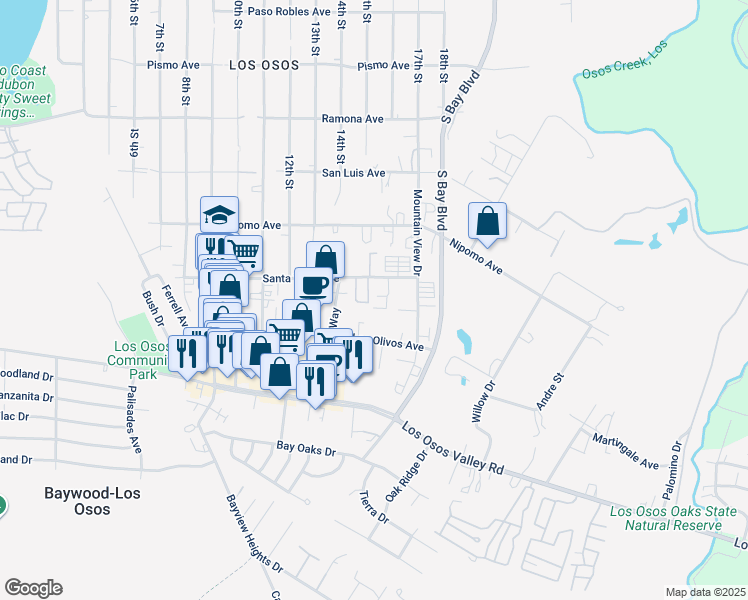 map of restaurants, bars, coffee shops, grocery stores, and more near 2023b Lost Oak Drive in Baywood-Los Osos