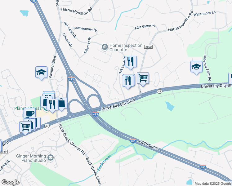 map of restaurants, bars, coffee shops, grocery stores, and more near 1817 Wexford Meadows Lane in Charlotte