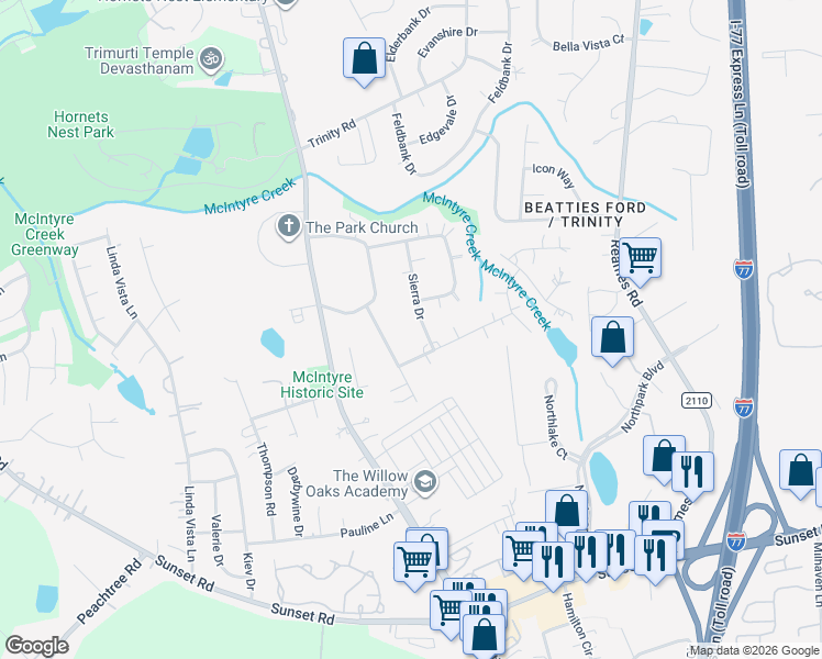 map of restaurants, bars, coffee shops, grocery stores, and more near 5933 Sierra Drive in Charlotte
