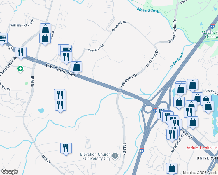 map of restaurants, bars, coffee shops, grocery stores, and more near West W T Harris Boulevard in Charlotte