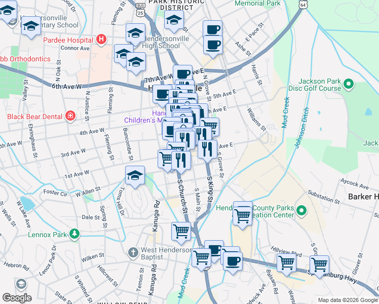 map of restaurants, bars, coffee shops, grocery stores, and more near North Main Street & 1st Avenue East in Hendersonville