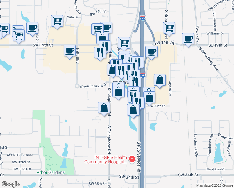map of restaurants, bars, coffee shops, grocery stores, and more near 2600 South Telephone Road in Moore