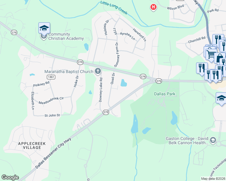 map of restaurants, bars, coffee shops, grocery stores, and more near 205 Quail Drive in Dallas
