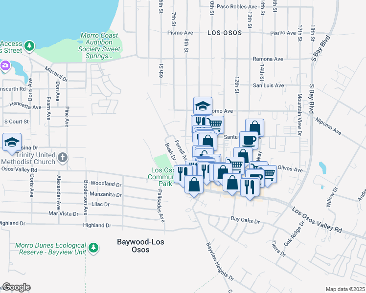 map of restaurants, bars, coffee shops, grocery stores, and more near 2020 8th Street in Baywood-Los Osos