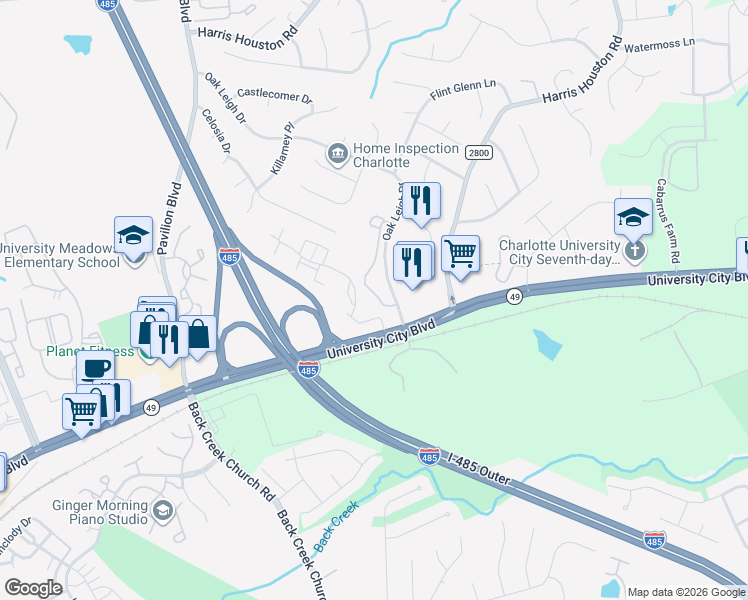 map of restaurants, bars, coffee shops, grocery stores, and more near 1811 Wexford Meadows Lane in Charlotte