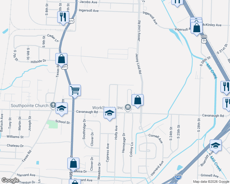 map of restaurants, bars, coffee shops, grocery stores, and more near 7311 Cypress Avenue in Fort Smith