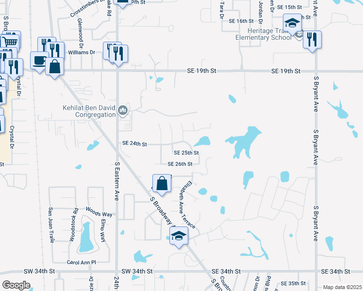 map of restaurants, bars, coffee shops, grocery stores, and more near 2500 Augusta Drive in Moore