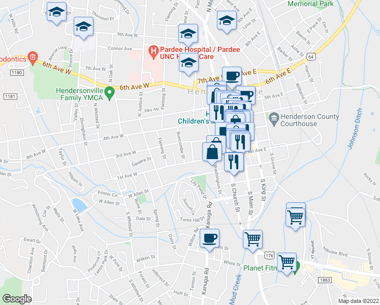map of restaurants, bars, coffee shops, grocery stores, and more near 121 Rhodes Street in Hendersonville