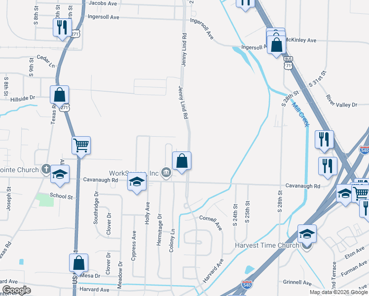 map of restaurants, bars, coffee shops, grocery stores, and more near 7300 Jenny Lind Road in Fort Smith