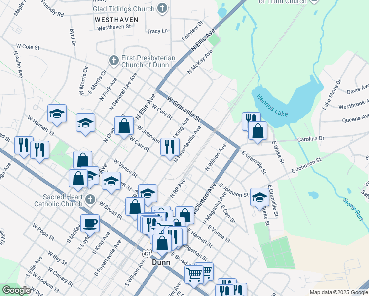 map of restaurants, bars, coffee shops, grocery stores, and more near North Fayetteville Avenue in Dunn
